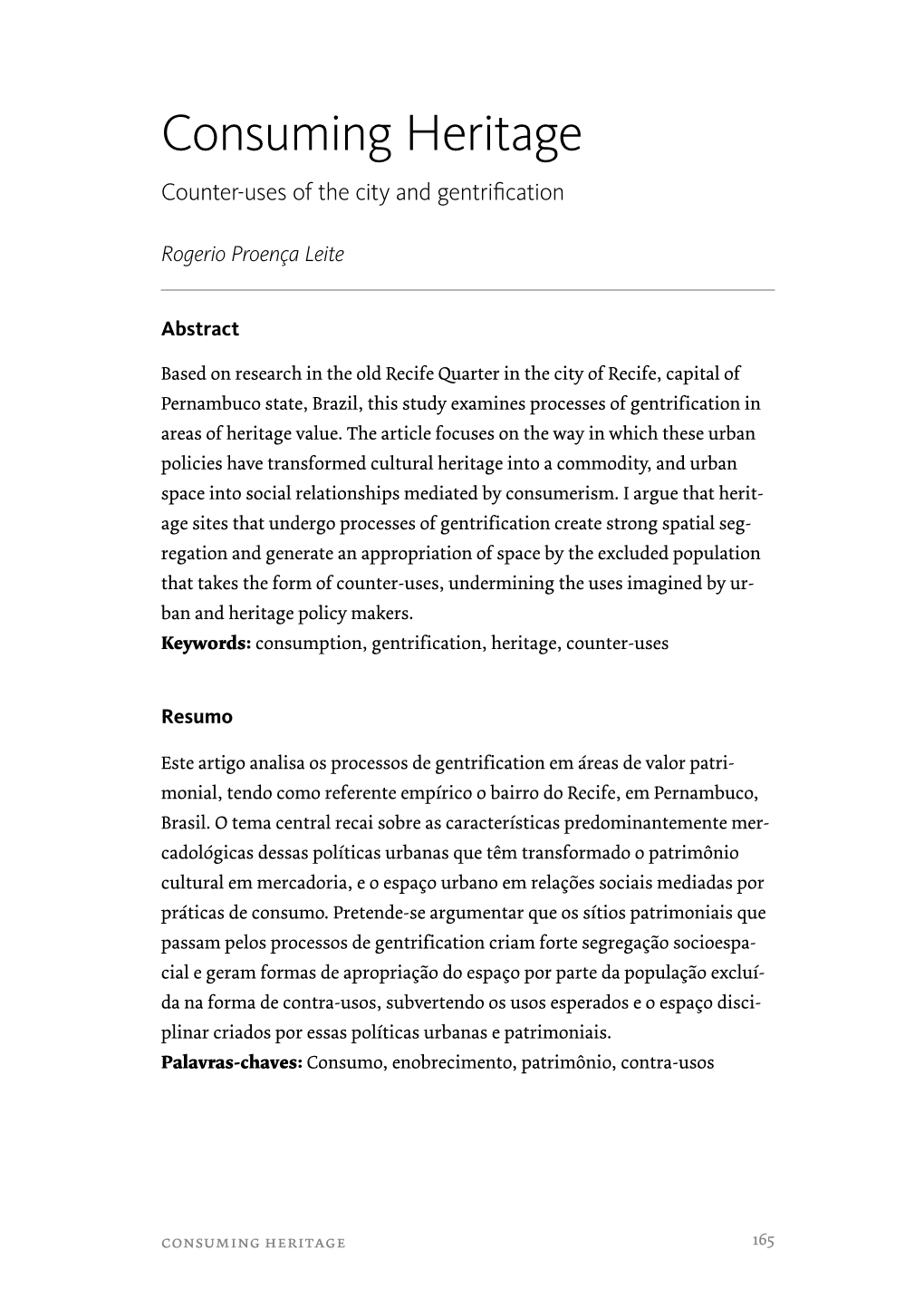 Consuming Heritage Counter-Uses of the City and Gentriﬁcation