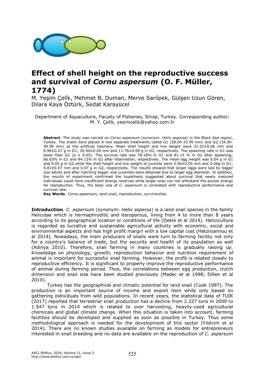 Effect of Shell Height on the Reproductive Success and Survival of Cornu Aspersum (O