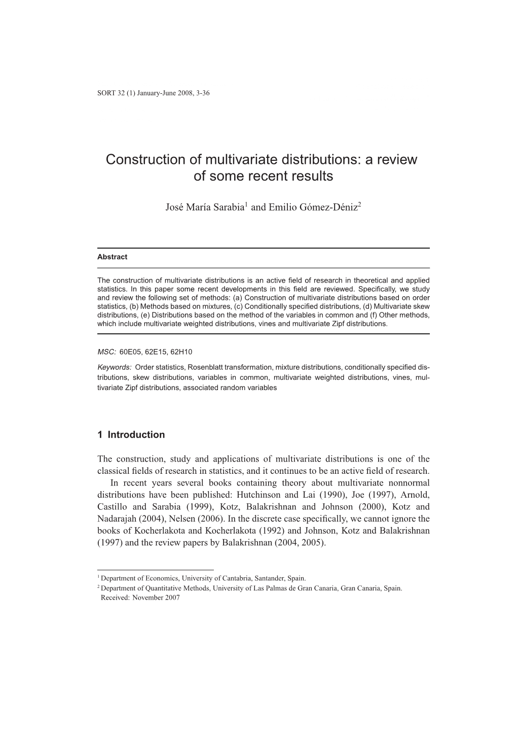 Idescat. SORT. Construction of Multivariate Distributions: a Review