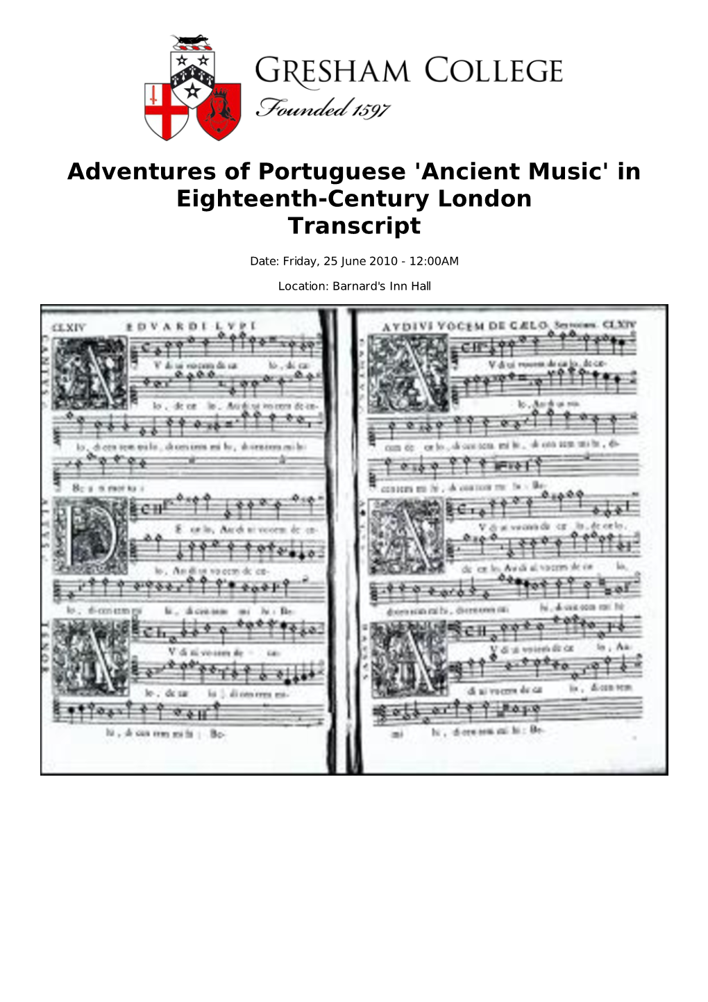 Adventures of Portuguese 'Ancient Music' in Eighteenth-Century London Transcript