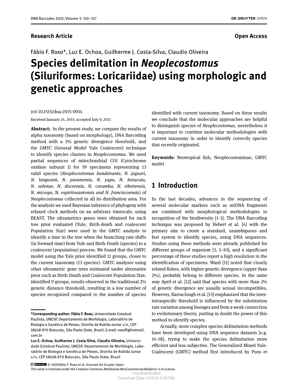 Species Delimitation in Neoplecostomus (Siluriformes: Loricariidae) Using Morphologic and Genetic Approaches