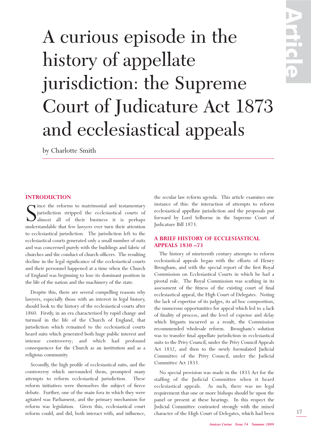 The Supreme Court of Judicature Act 1873 and Ecclesiastical Appeals by Charlotte Smith