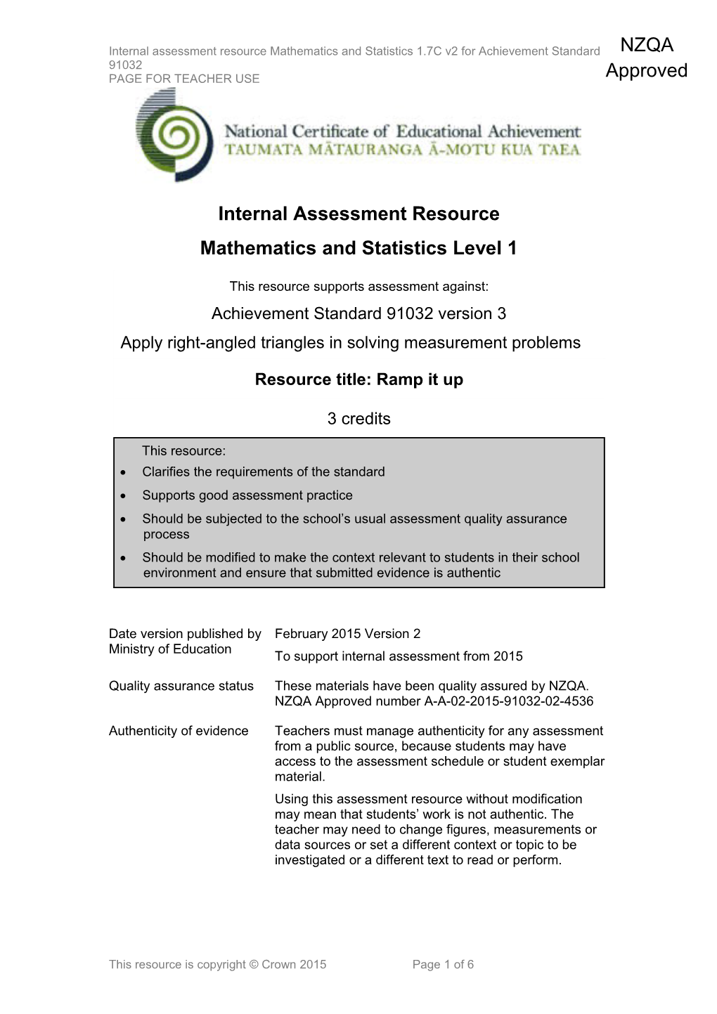 Level 1 Mathematics & Statistics Internal Assessment Resource