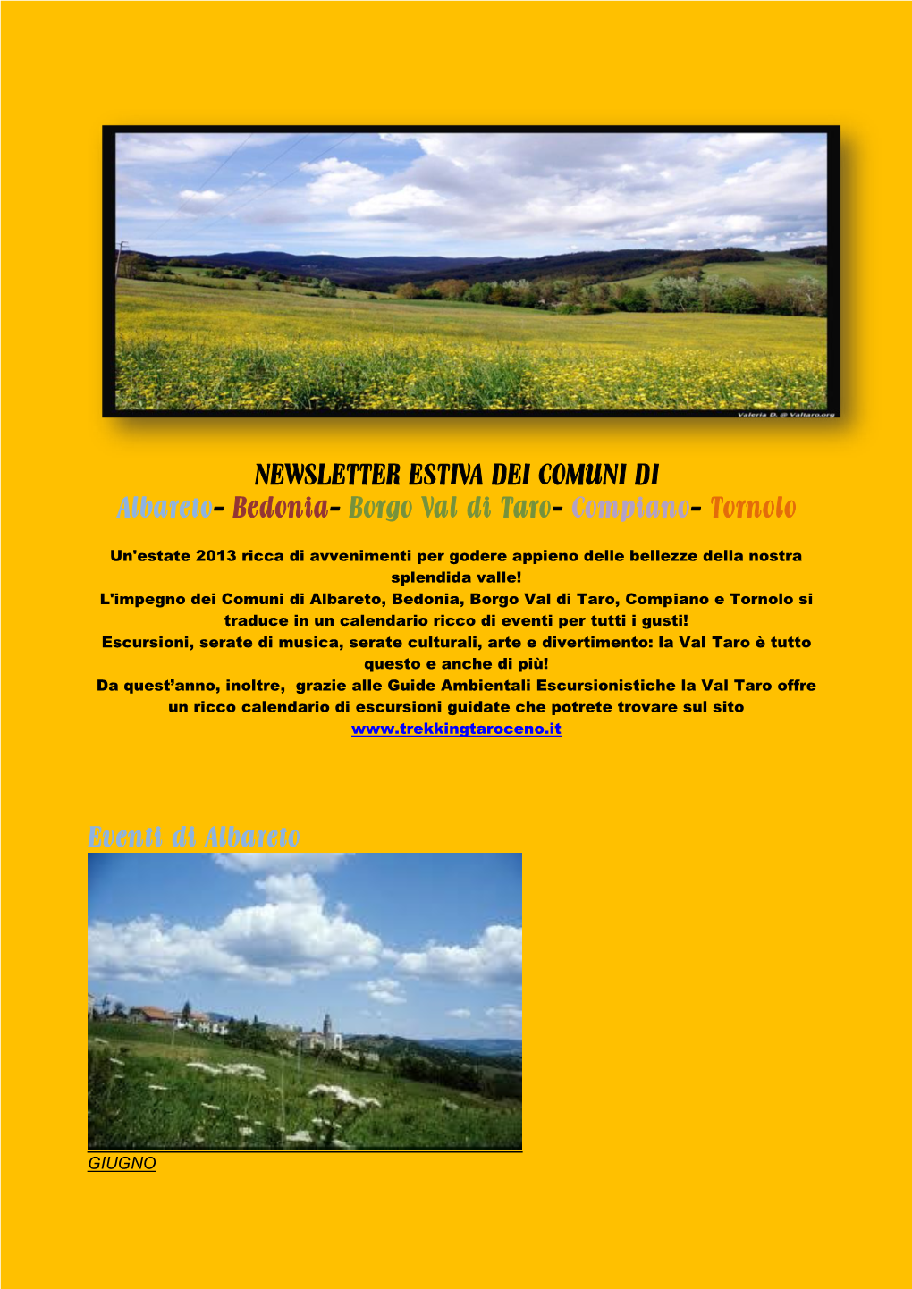 NEWSLETTER ESTIVA DEI COMUNI DI Albareto- Bedonia- Borgo Val Di Taro- Compiano- Tornolo Eventi Di Albareto