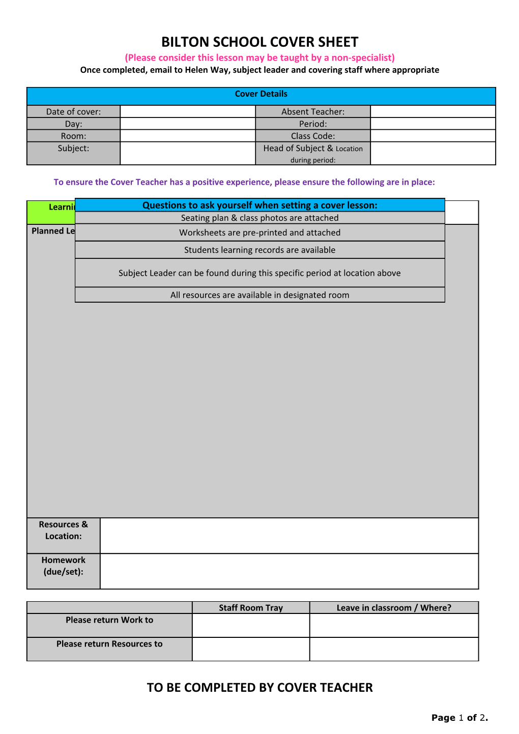 Bilton School Cover Sheet