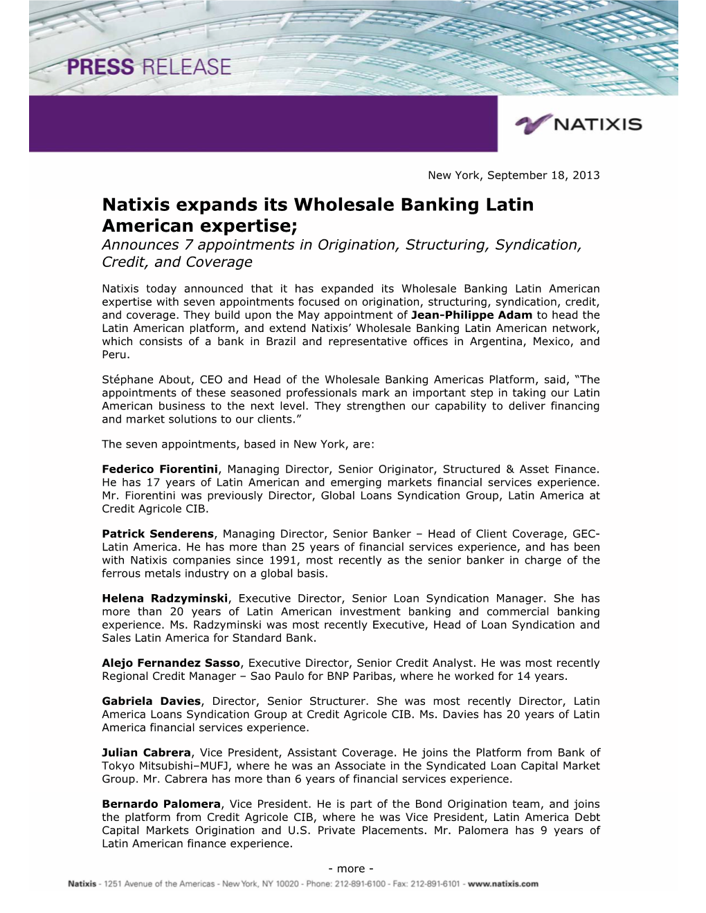 Natixis Expands Its Wholesale Banking Latin American Expertise; Announces 7 Appointments in Origination, Structuring, Syndication, Credit, and Coverage