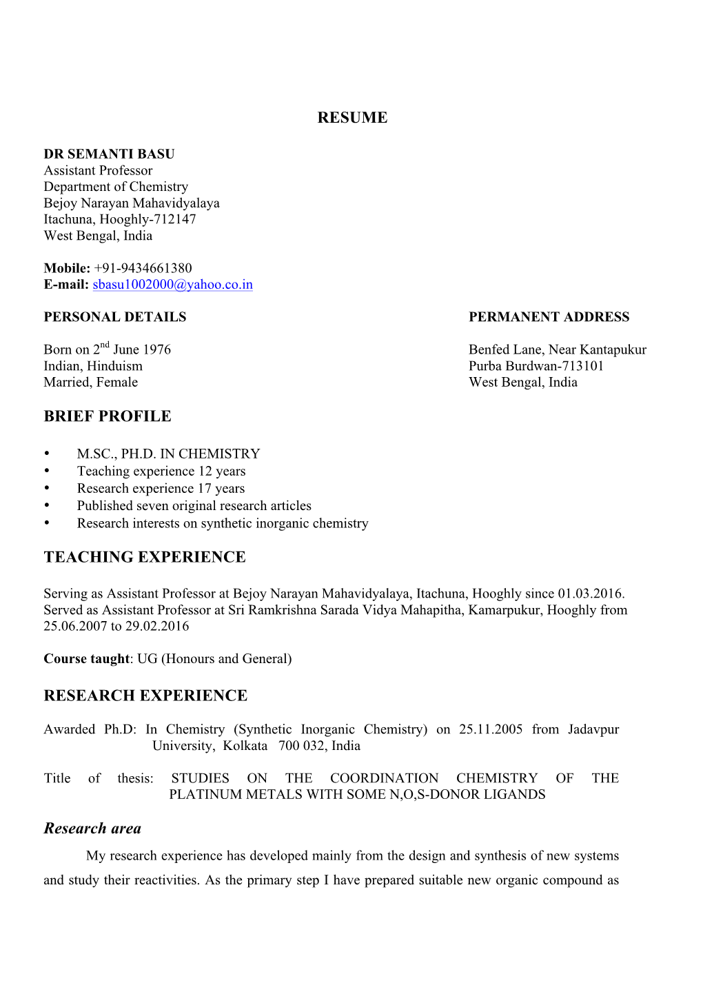 Resume Brief Profile Teaching