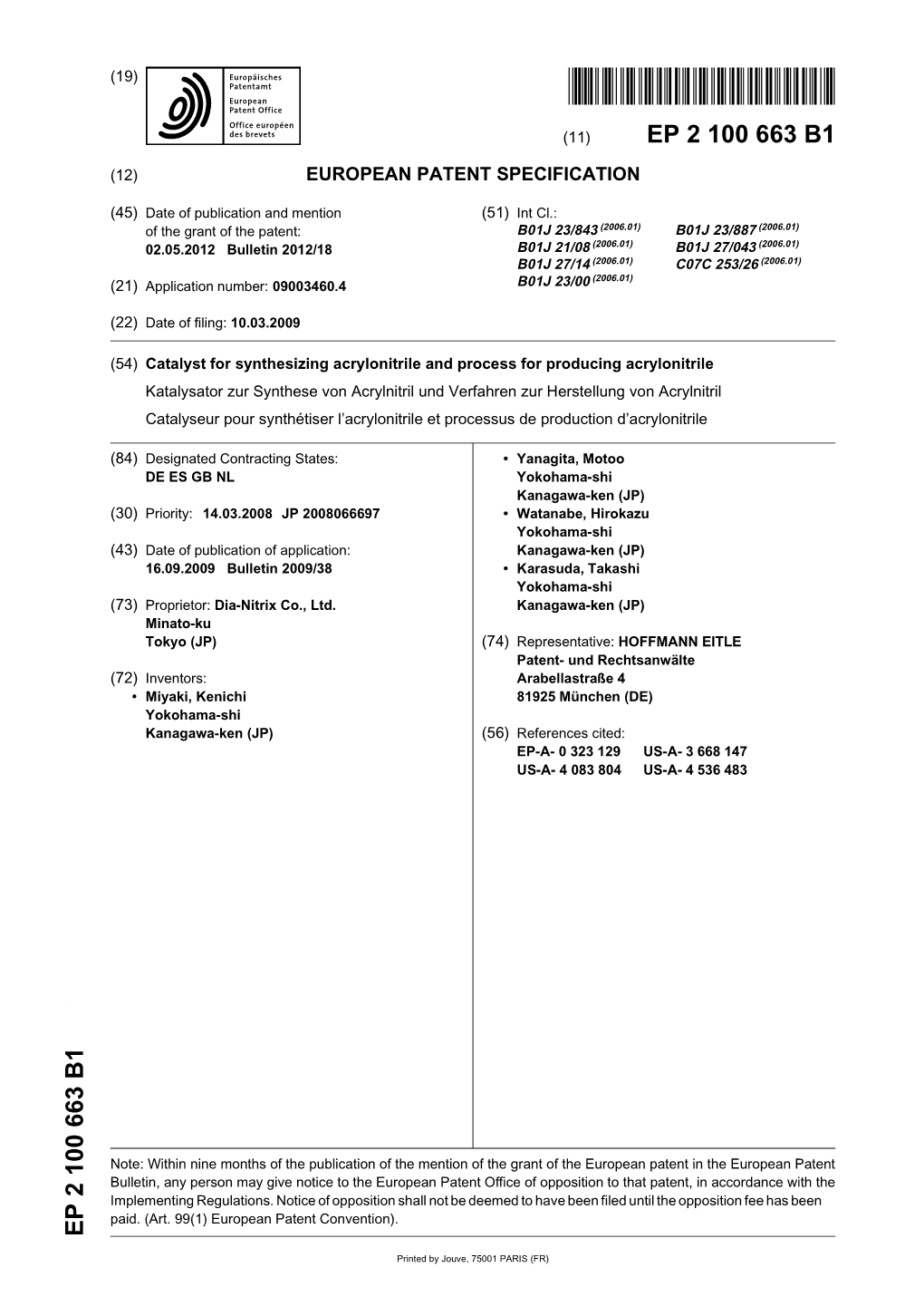 Catalyst for Synthesizing Acrylonitrile and Process for Producing Acrylonitrile