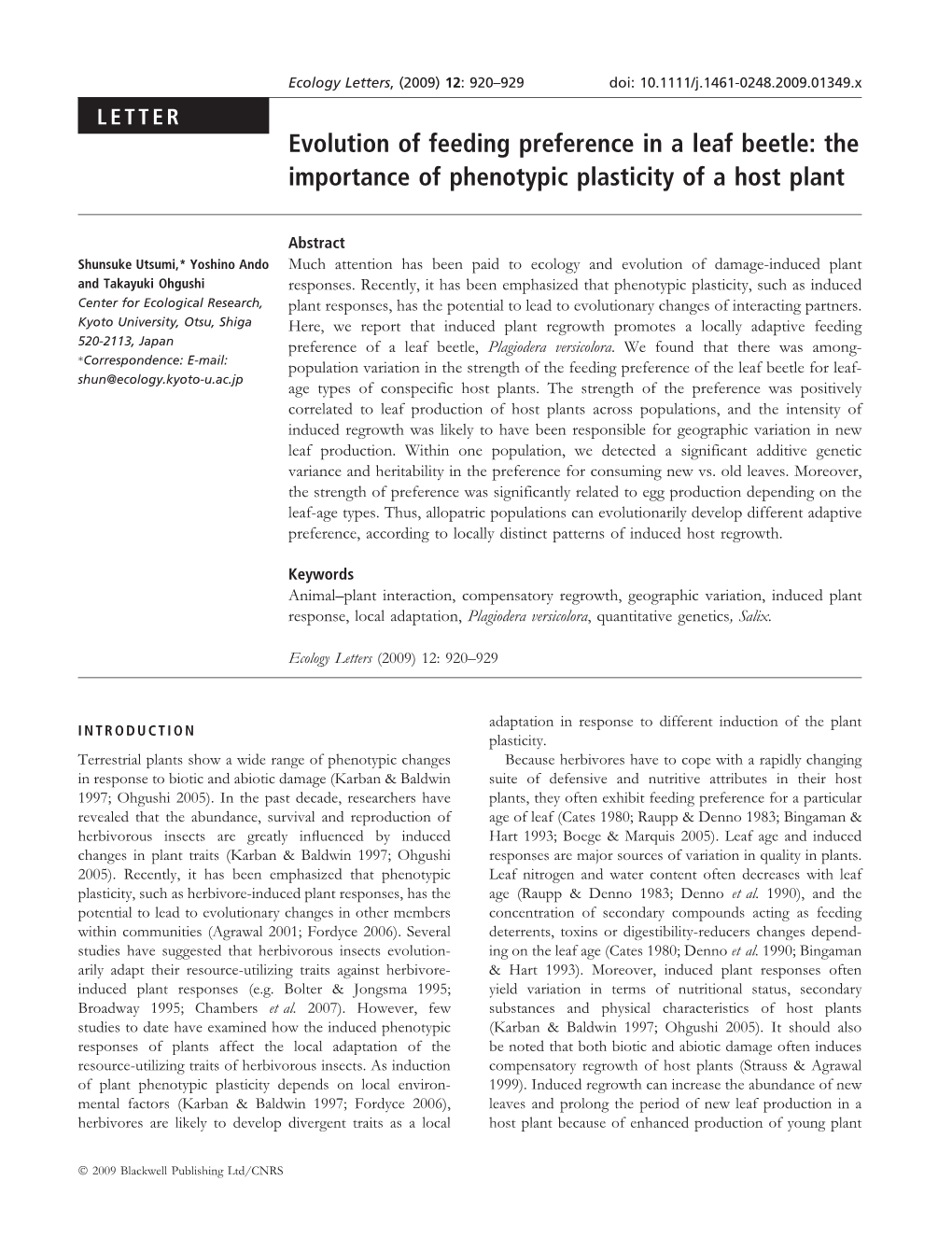 Evolution of Feeding Preference in a Leaf Beetle: the Importance of Phenotypic Plasticity of a Host Plant