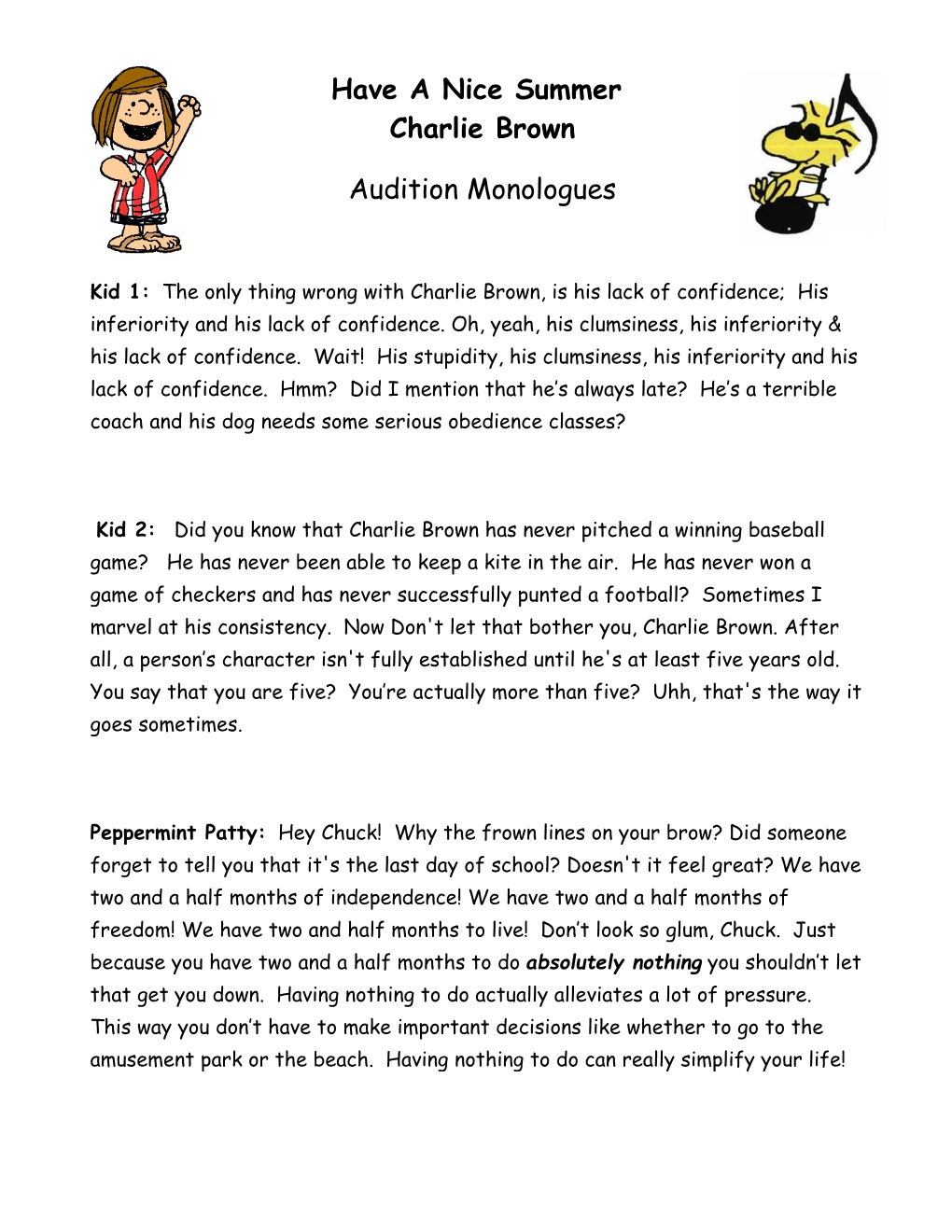 Have a Nice Summer Charlie Brown Audition Monologues