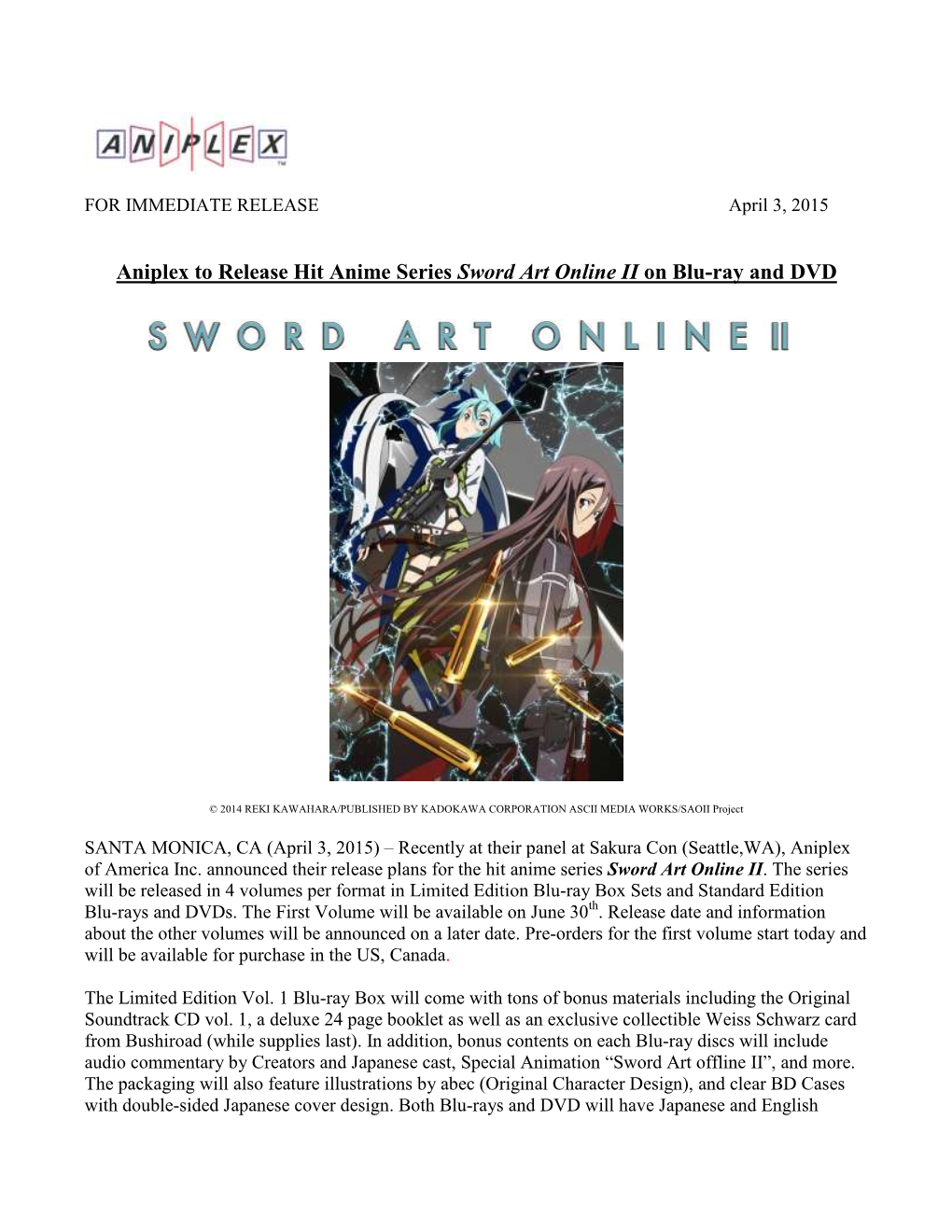 Aniplex to Release Hit Anime Series Sword Art Online II on Blu-Ray and DVD