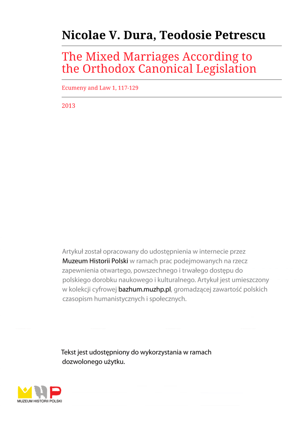 Nicolae V. Dura, Teodosie Petrescu the Mixed Marriages According to the Orthodox Canonical Legislation