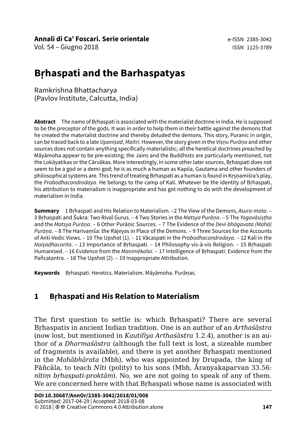 Bṛhaspati and the Barhaspatyas