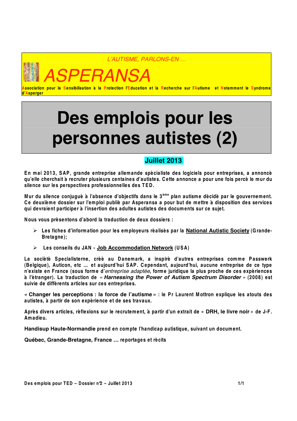 ASPERANSA Des Emplois Pour Les Personnes Autistes