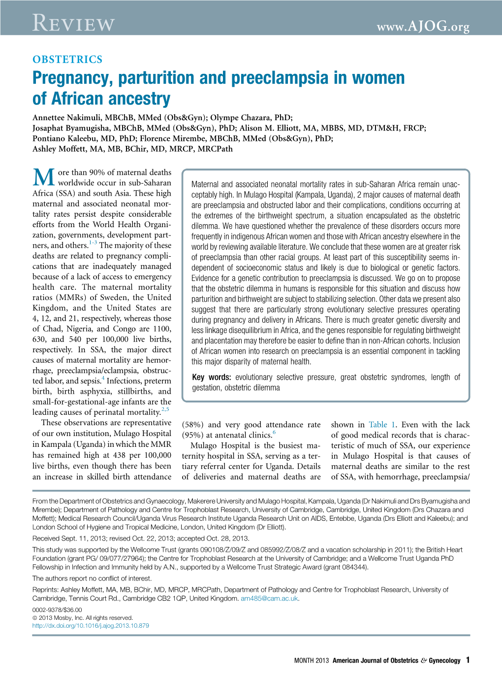 Pregnancy, Parturition and Preeclampsia in Women of African