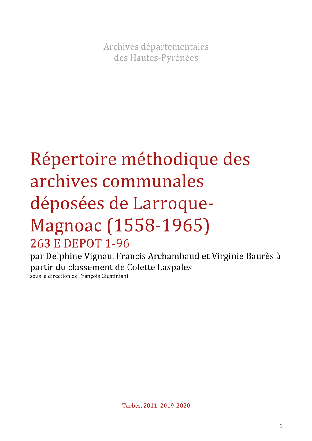 Répertoire Des Archives Déposées De Larroque-Magnoac