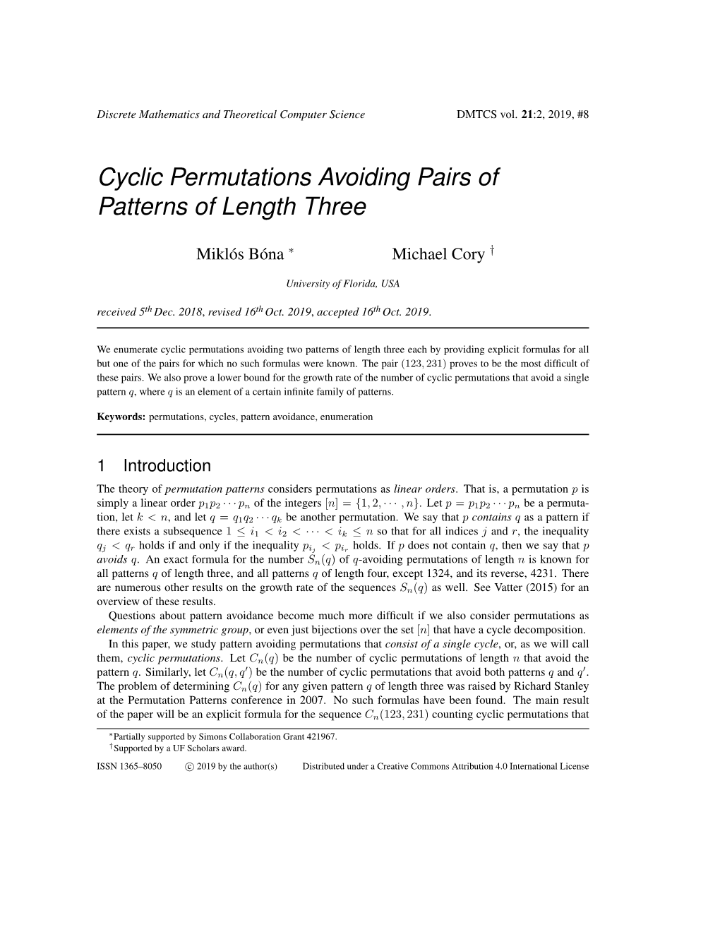 Cyclic Permutations Avoiding Pairs of Patterns of Length Three