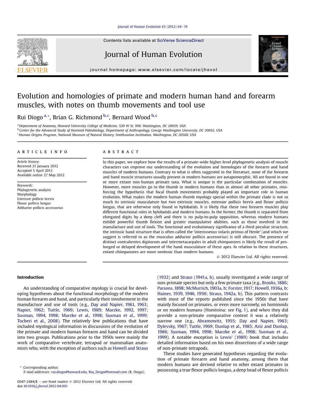 Evolution and Homologies of Primate and Modern Human Hand and Forearm Muscles, with Notes on Thumb Movements and Tool Use