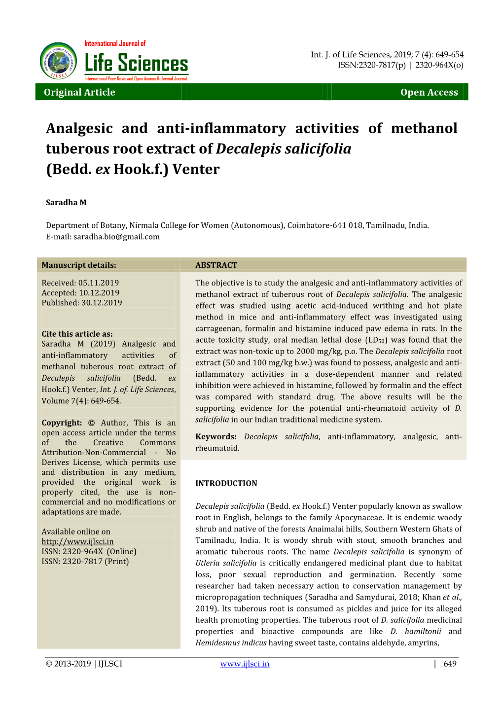 Analgesic and Anti-Inflammatory Activities of Methanol Tuberous Root Extract of Decalepis Salicifolia (Bedd