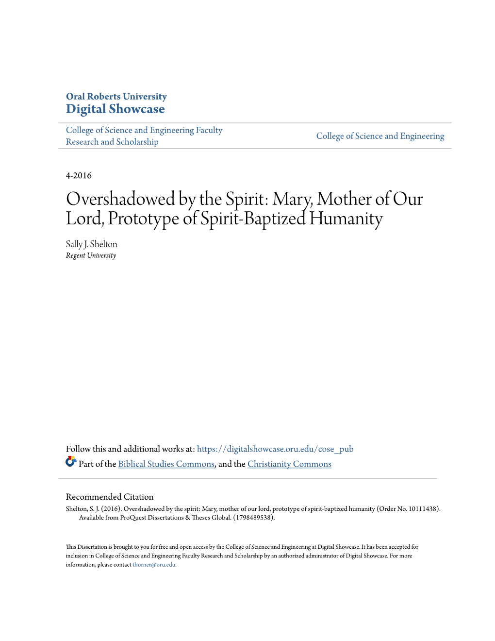 Overshadowed by the Spirit: Mary, Mother of Our Lord, Prototype of Spirit-Baptized Humanity Sally J