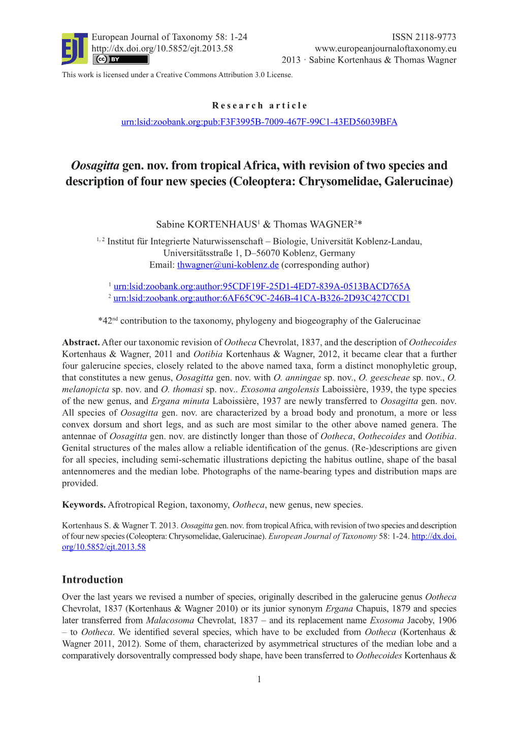 Oosagitta Gen. Nov. from Tropical Africa, with Revision of Two Species and Description of Four New Species (Coleoptera: Chrysomelidae, Galerucinae)