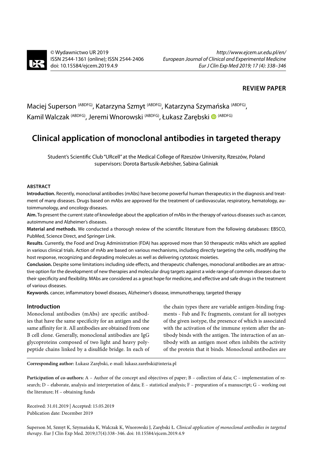 Clinical Application of Monoclonal Antibodies in Targeted Therapy