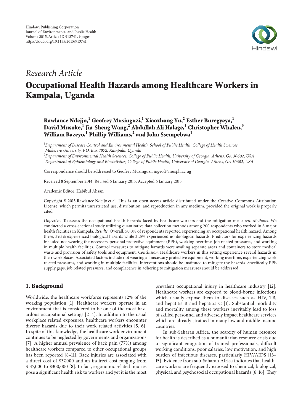 Research Article Occupational Health Hazards Among Healthcare Workers in Kampala, Uganda