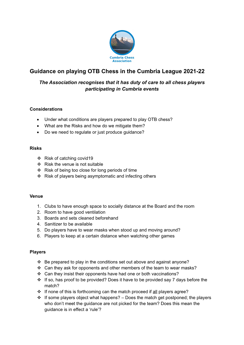 Guidance on Playing OTB Chess in the Cumbria League 2021-22