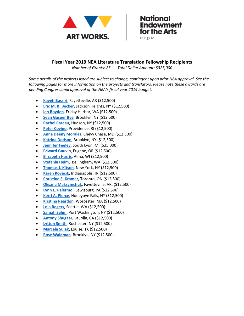 Fiscal Year 2019 NEA Literature Translation Fellowship Recipients Number of Grants: 25 Total Dollar Amount: $325,000