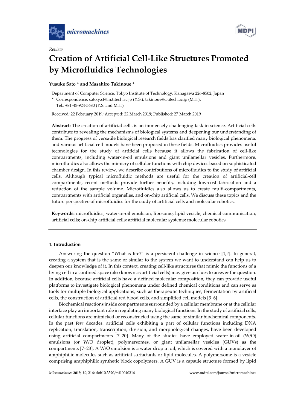 Creation of Artificial Cell-Like Structures Promoted by Microfluidics Technologies