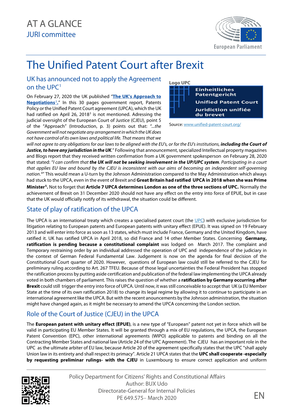 JURI Committee the Unified Patent Court After Brexit