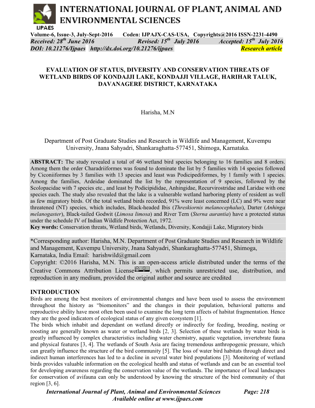 Evaluation of Status, Diversity and Conservation Threats of Wetland Birds of Kondajji Lake, Kondajji Village, Harihar Taluk, Davanagere District, Karnataka