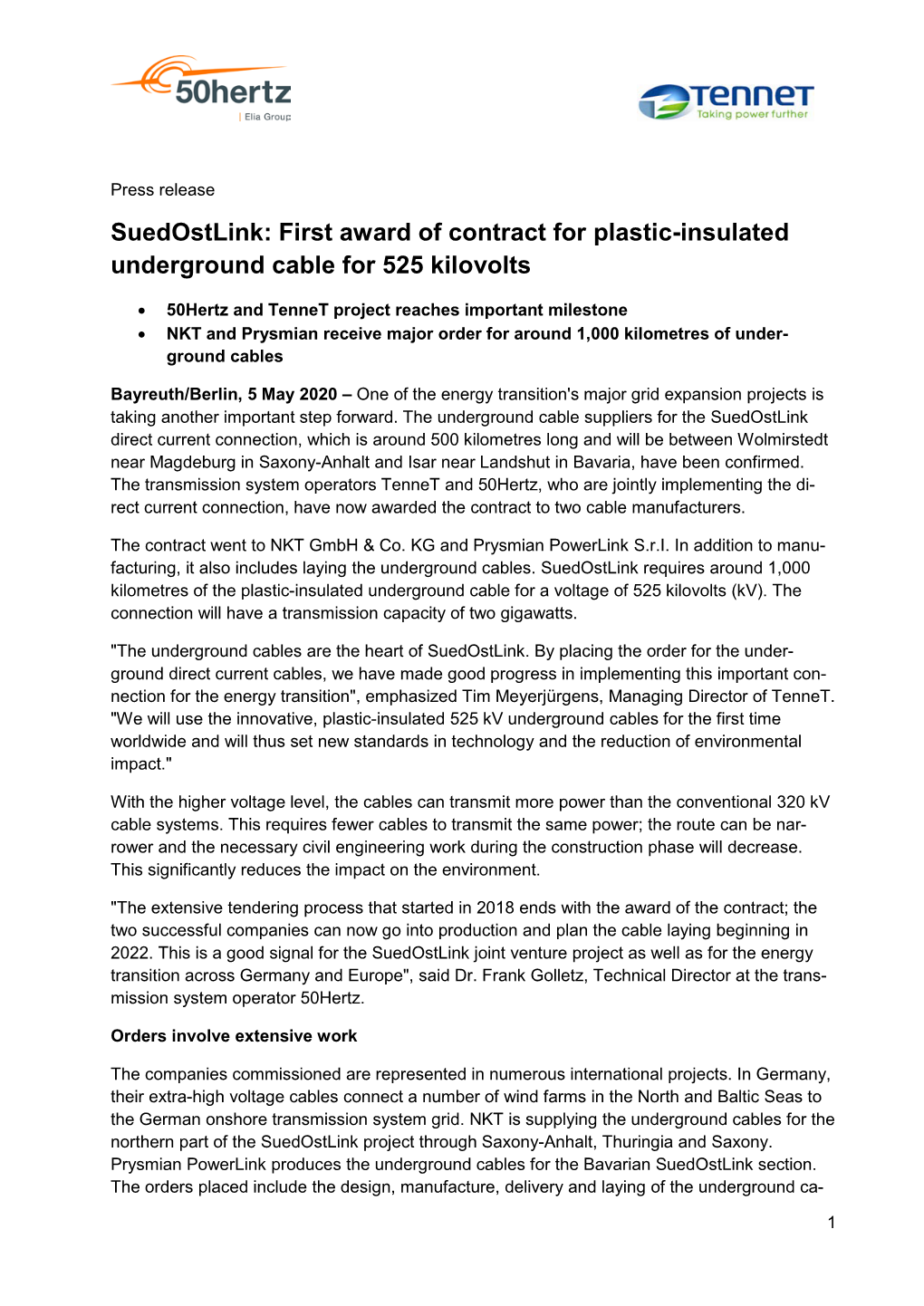 Suedostlink: First Award of Contract for Plastic-Insulated Underground Cable for 525 Kilovolts