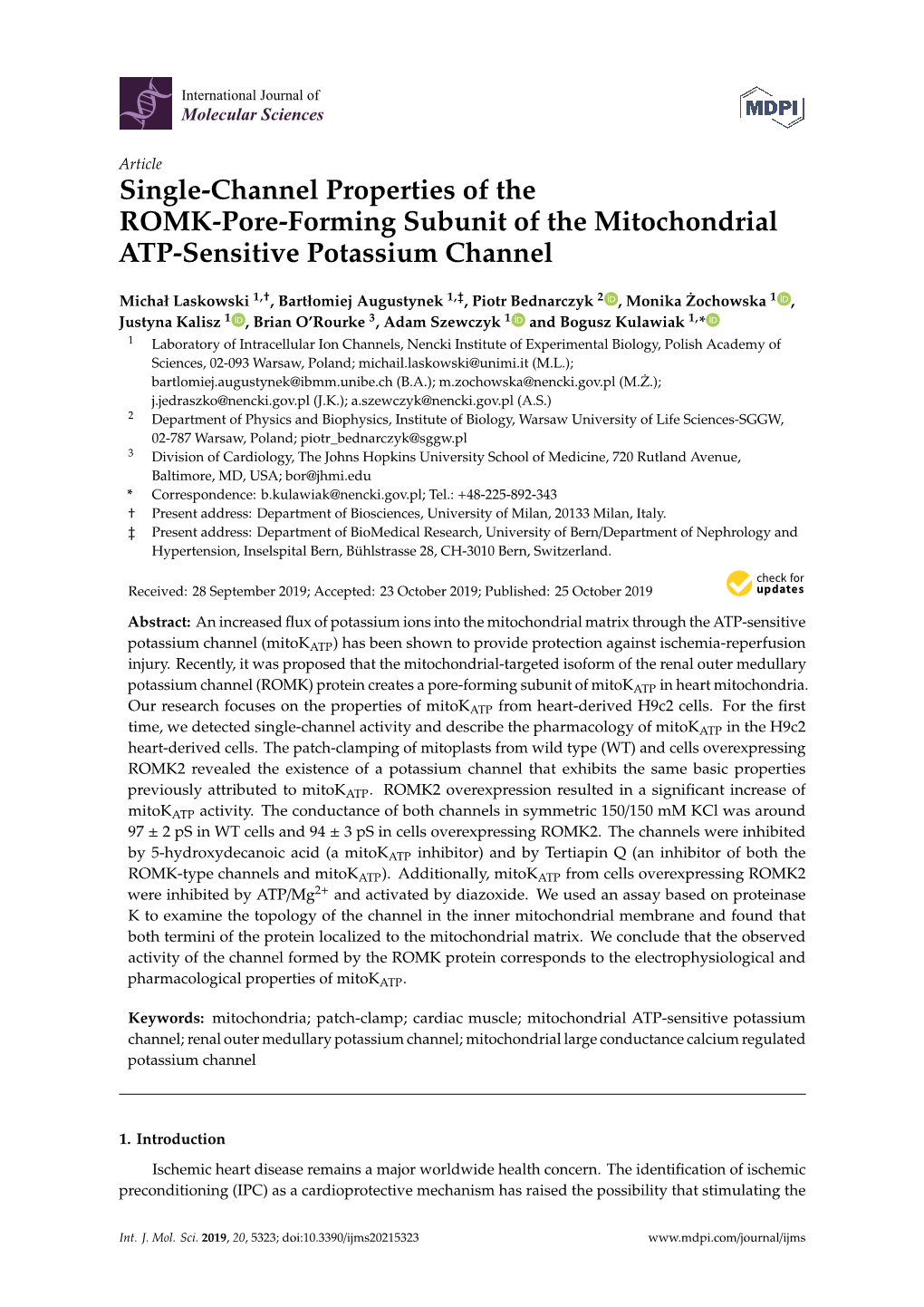 Single-Channel Properties of the ROMK-Pore-Forming Subunit of the Mitochondrial ATP-Sensitive Potassium Channel