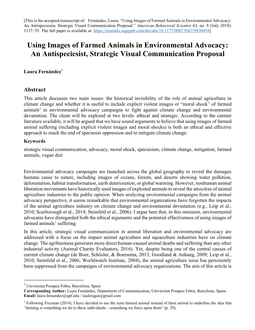 Using Images of Farmed Animals in Environmental Advocacy: an Antispeciesist, Strategic Visual Communication Proposal.” American Behavioral Scientist 63, No