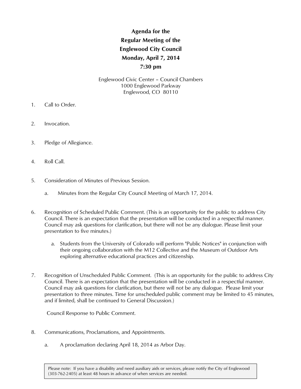 Agenda for the Regular Meeting of the Englewood City Council Monday, April 7, 2014 7:30 Pm