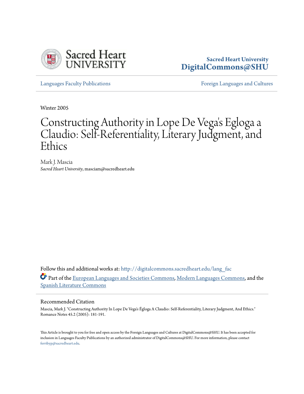 Constructing Authority in Lope De Vega's Egloga a Claudio: Self-Referentiality, Literary Judgment, and Ethics Mark J