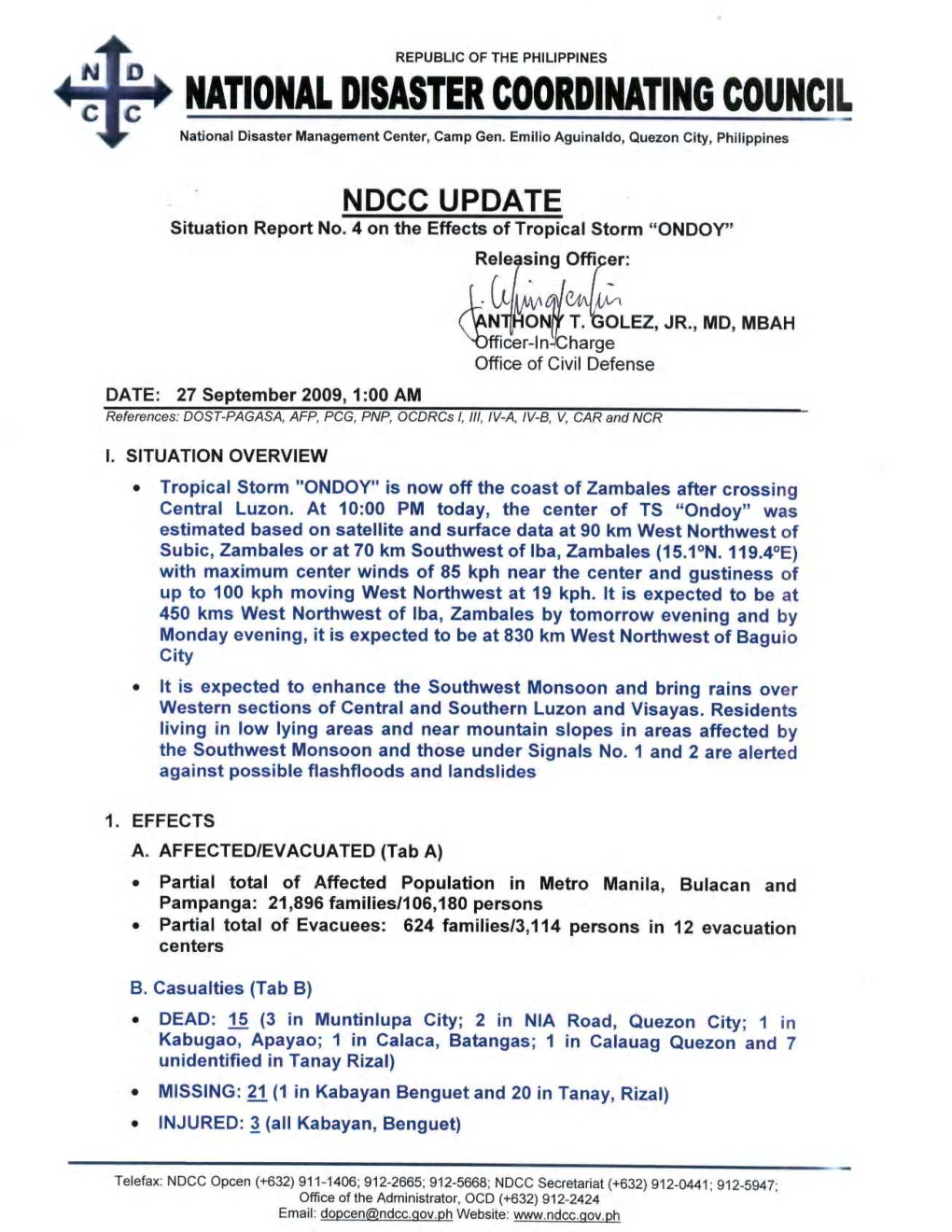 NDCC Sitrep No 4 on the Effects of TS Ondoy As of Sept. 27, 2009