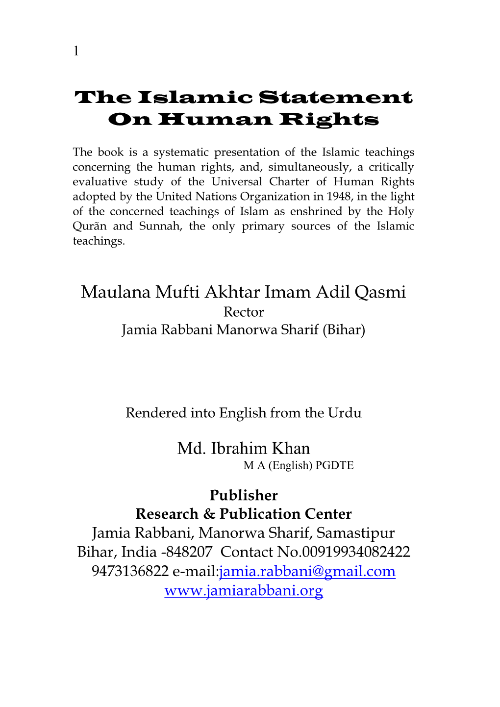 The Islamic Statement on Human Rights Maulana Mufti Akhtar Imam