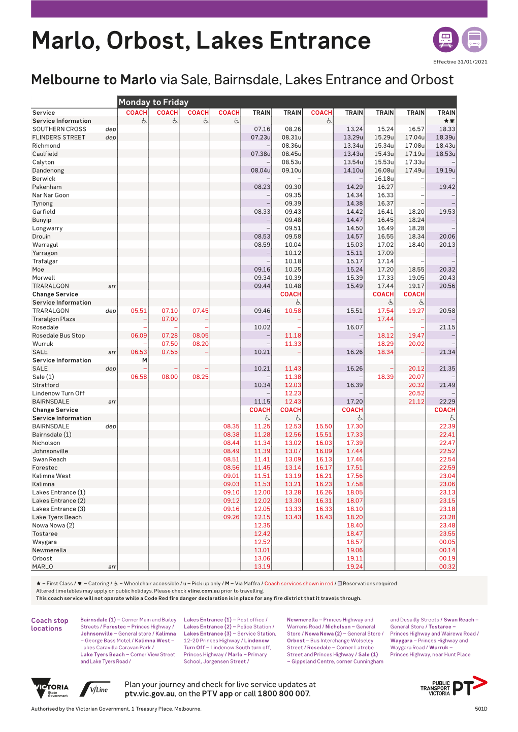 Lakes Entrance AD Effective 31/01/2021 Melbourne to Marlo Via Sale, Bairnsdale, Lakes Entrance and Orbost