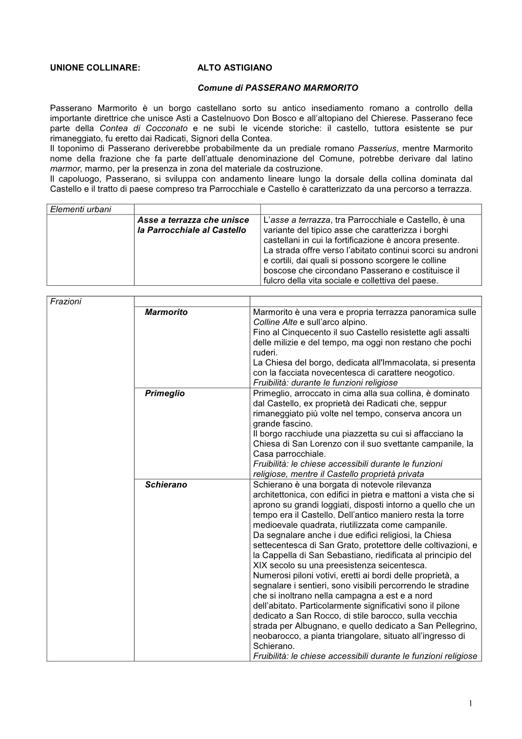 1 UNIONE COLLINARE: ALTO ASTIGIANO Comune Di