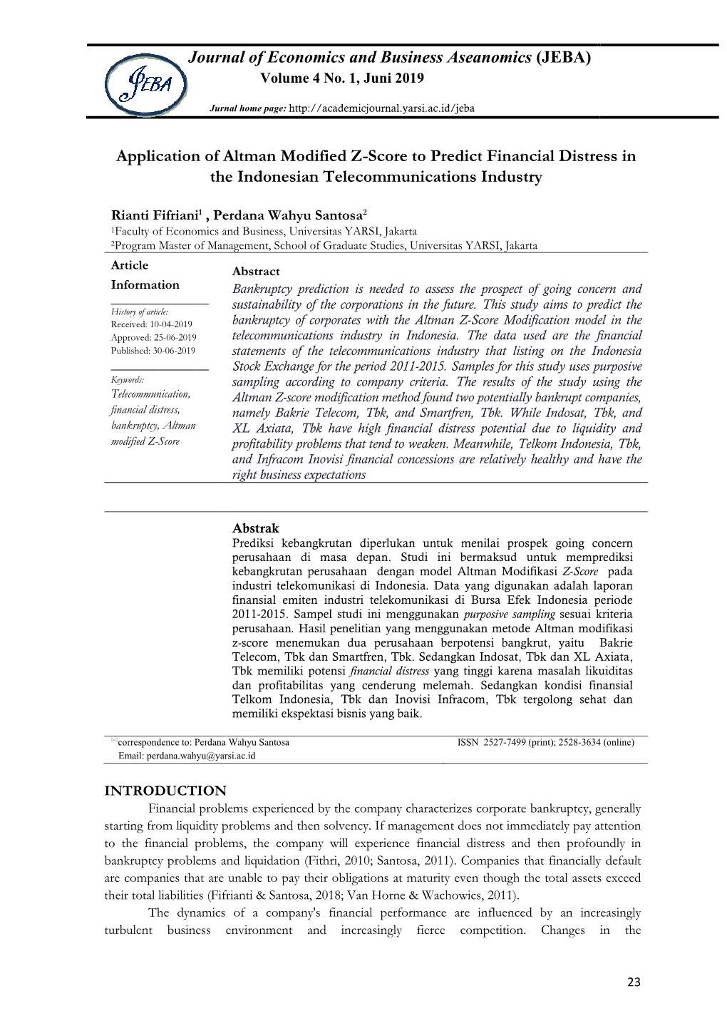 (JEBA) Application of Altman Modified Z-Score to Predict Financial