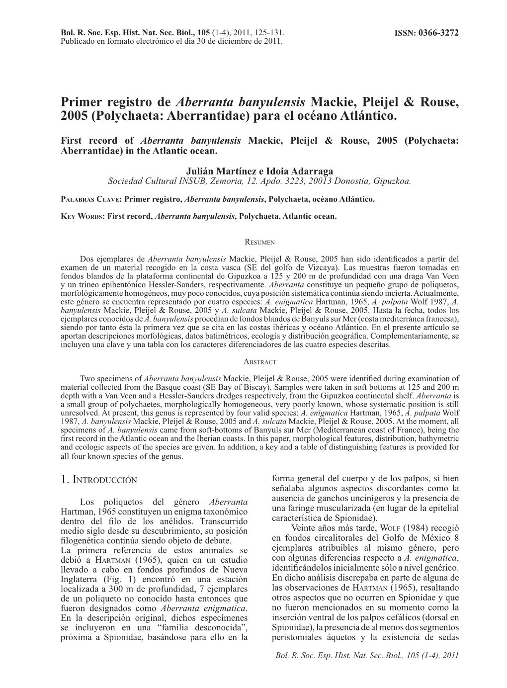 Primer Registro De Aberranta Banyulensis Mackie, Pleijel & Rouse, 2005 (Polychaeta: Aberrantidae) Para El Océano Atlántico