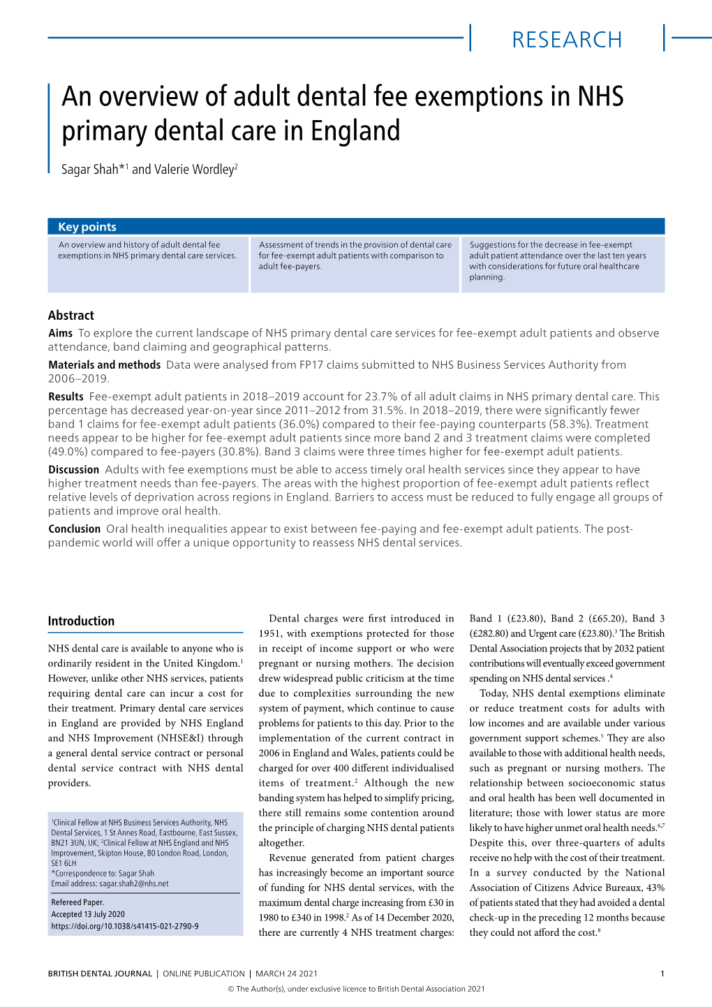 An Overview of Adult Dental Fee Exemptions in NHS Primary Dental Care in England