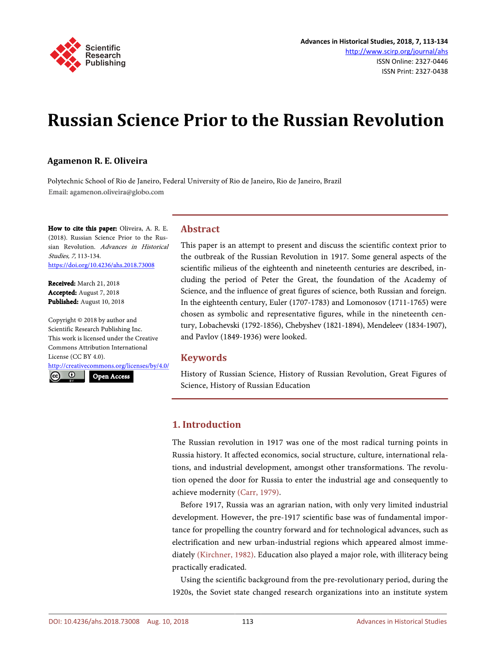 Russian Science Prior to the Russian Revolution