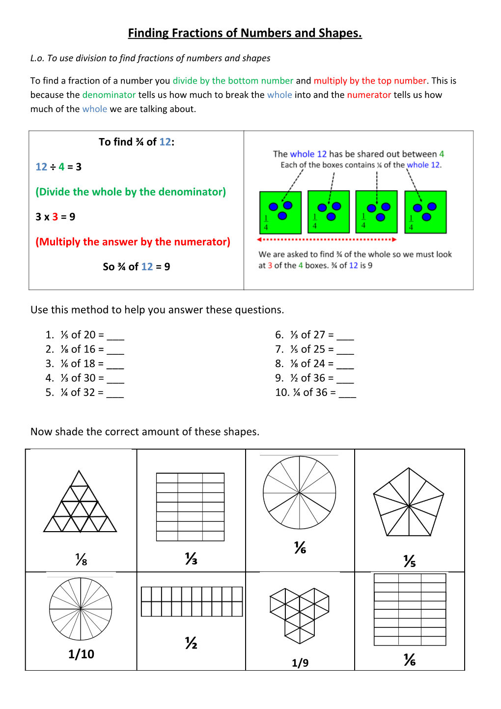 Finding Fractions of Numbers and Shapes