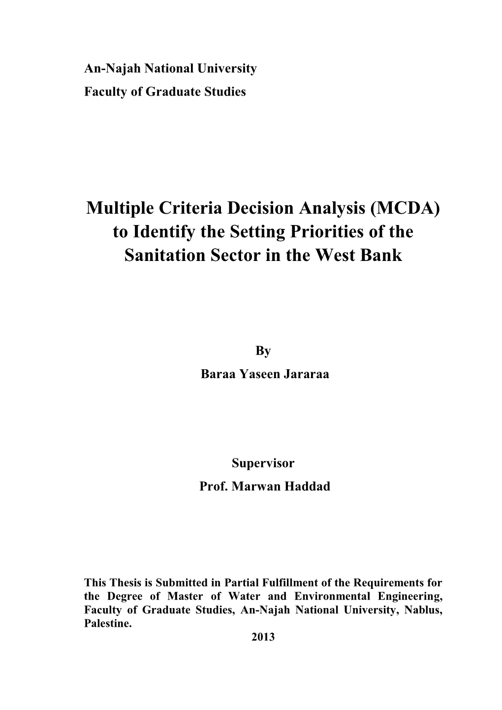 Multiple Criteria Decision Analysis (MCDA) to Identify the Setting Priorities of the Sanitation Sector in the West Bank