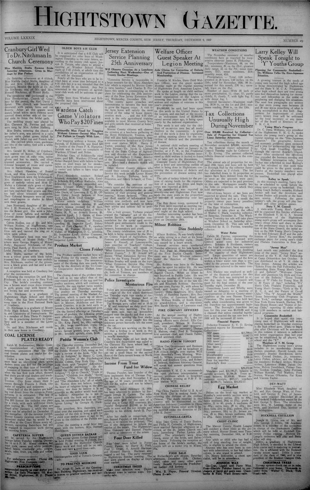 Hightstown Gazette. Hightstown, Mercer County, New Jersey, Thursday, December 9, 1937