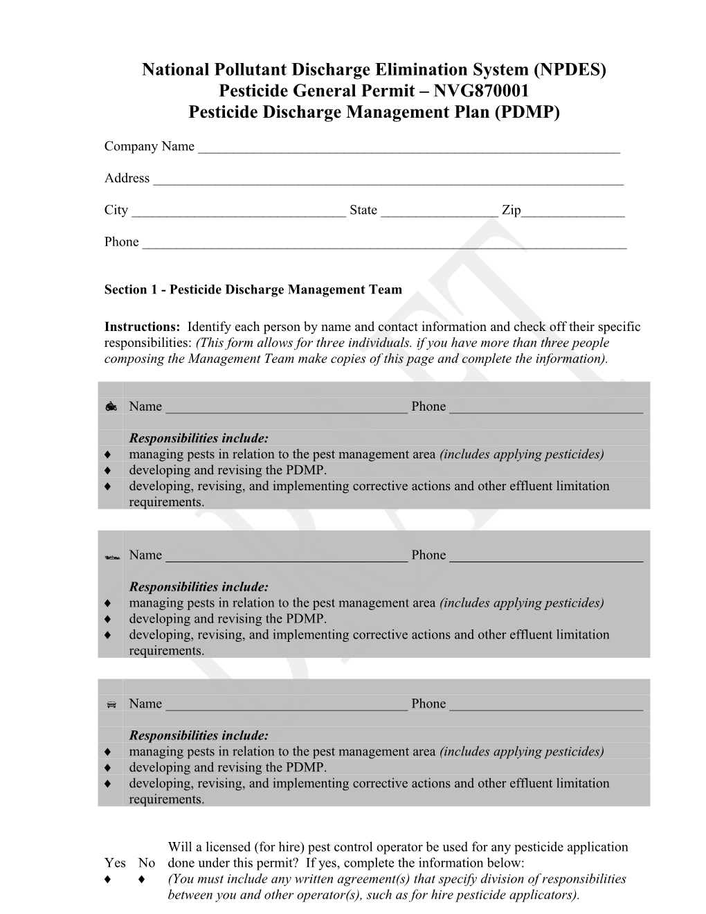 Section 1 - Pesticide Discharge Management Team