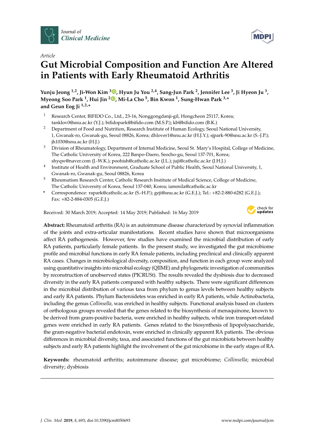 Gut Microbial Composition and Function Are Altered in Patients with Early Rheumatoid Arthritis